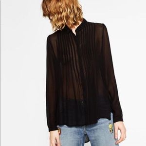 Zara Black Long Sleeve Asymmetrical Sheer Blouse M